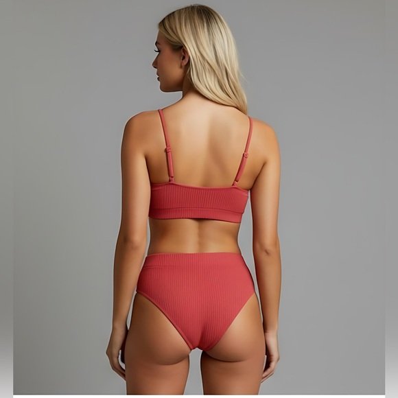 Watermelon Pink Ribbed High Waist Bikini Bathing Suit - Picture 3 of 7